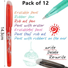 MOTIBACK 12PCS Erasable Pens - 0.7mm 12 Colors Friction Heat-Activated Gel Pens with Built-in Erasers for Kids & Adults, School, Office, Work, Paperwork, Stationery Supplies