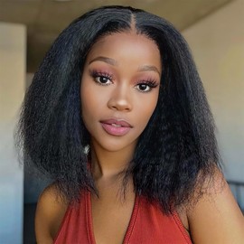 Kinky Straight Bob Human Hair Wig for Black Women Glueless Wigs Pre Plucked Pre Cut Invisible Knots Ugrace Super Soft 6X5 Lace Front Ready to Wear Wigs Glueless Human Hair Wig 12inch