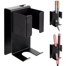 Linkidea Wall Mount Curling Iron Holder, Stainless Steel Hair Straightener Storage, Adhesive Hair Dryer Rack, Bathroom Organizer for Flat Iron, Curling Wand (Black)