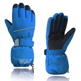 PONCEAU Kids Waterproof ski gloves for boys girls Fleece liner warm gloves snow gloves kids winter gloves for boys girls age 7-10 years Blue