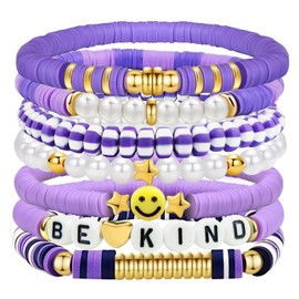 yongder Friendship Stretch Stackable Bracelets, Heishi Surfer Clay Bead Preppy Smiley For Women Bracelet (purple)