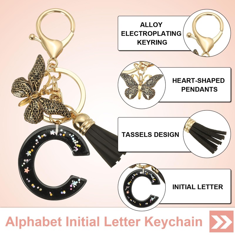 [PATIKIL] Alphabet Initial Letter Key Chain Tassel Butterfly Letter C