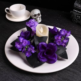 Gothic Halloween Candle Ring Wreath with Purple Roses, Black Leaves, 9.84 Inch Diameter, Artificial Floral Table Centerpiece for Fall Thanksgiving Party Decor