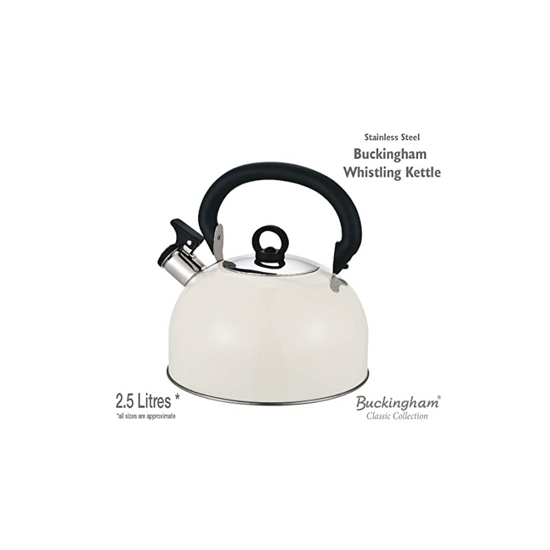 Buckingham Colour Coated Stainless Steel Retro Whistling Kettle Cream, 2.5