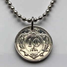 1895 Austria Osterreich 10 Heller coin pendant Austrian double headed eagle Habsburg Vienna Salzburg Linz Innsbruck Graz Wels Sankt Polten Solden Vorarlberg Zell am See Gmunden Ischgl Tyrol n000305