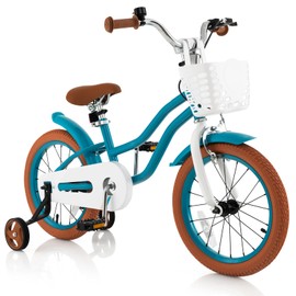 COSTWAY Kids Bike, 16 Inch Toddler Children Bike w/Training Wheels, Hand & Coaster Brakes, Adjustable Saddle & Handlebar, Basket, Bell, Kids Bicycle for Girls Boys Aged 3-8 Years Old, Turquoise