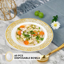 JOLLY PARTY 60 Disposable Gold Plastic Dessert Bowls, 12 oz Soup Bowls, Gold Lace Christmas Thanksgiving Trim, Premium Heavy Duty Plastic Plates for Wedding/Party (Gold)