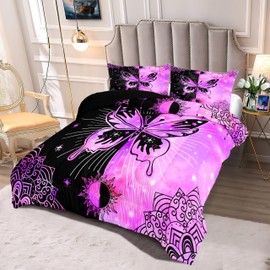 FJKJHKGJ Boho Butterfly Sun and Moon Printed Bedding Sets - Queen Size Comforter Set for Girls, Black Purple Comforter Set with 2 Pillowcases