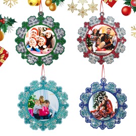 Satiskid 4 Pcs Christmas Diamond Painting Photo Frame Ornaments DIY Xmas Snowflake Diamond Art Picture Frame Hanging Christmas Tree Pendant Ornament for Winter Christmas Decorations