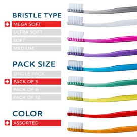TELLO 14000 Adult Mega Soft Post-Op Toothbrush for Gentle Cleaning with Ergonomic Handle, Made in Switzerland, Colors Vary, 3-Pack