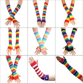 VIccoo Women Girl Knitted Over Elbow Long Arm Warmers US Flag Rainbow Stripes Patchwork Fingerless Gloves with Thumb Hole Party Costume - 5