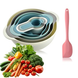 8 Piece Plastic Mixing Bowls Set, Compact Food Preparation Set with Mixing Bowls, Colander, Sifter, Measuring Cups for Kitchen Cooking Baking, Nesting Bowls for Space Saving made from Eco- Friendly ma