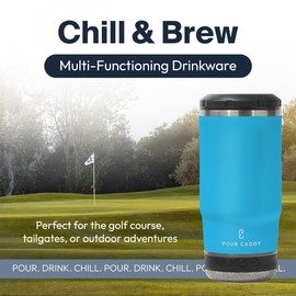 Pour Caddy Chill and Brew Bluetooth Speaker Cup, Insulated Can and Bottle Holder for Hot or Cold Drinks, Double Wall Stainless Steel Drinkware, Fits 12 oz Cans or 14 oz Liquid, Water Blue