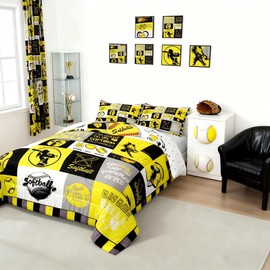 Castle Fairy Softball Comforter Set Queen Size Sports Grid Bedding Set for Kids Boys Girls Bedroom Decoration Yellow Black Gray Bed Duvet Insert Ocean Comforter with 2 Pillowcase