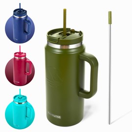 FAHRMOSIS 64 Oz Tumbler with Handle and Straw Half Gallon Water Bottle Stainless Steel Travel Mug for Hot & Cold Drinks, Reusable Water Bottle with Lids and Straw - Army Green