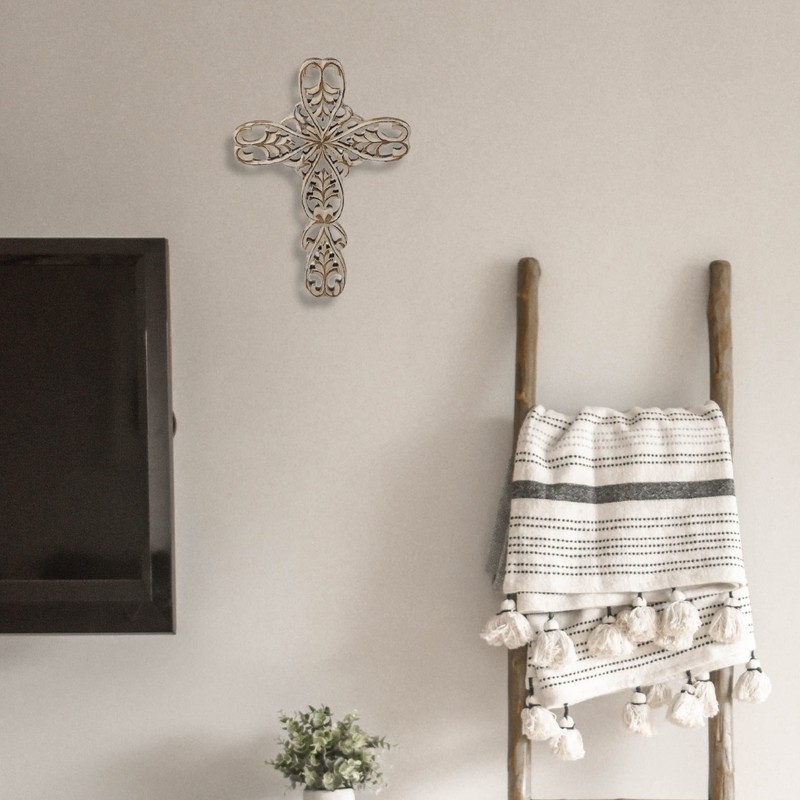 Craft&Style Kruzifix Christus Kreuz Eichenblatt schlichtes Holz vintage weiß HxB: