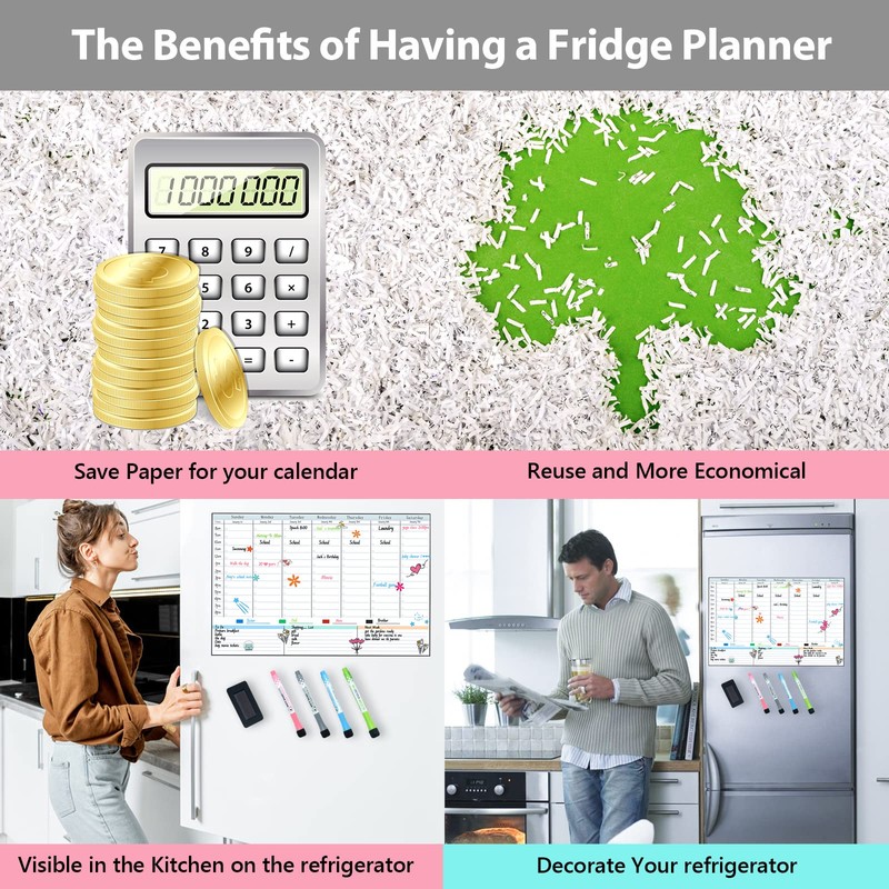 POPRUN Magnetic Weekly Dry Erase Board Calendar for Fridge, 16.9"x11"Schedule