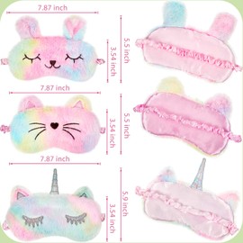 3 Pieces Sleep Mask for Kids, Girls Plush Sleeping Eye Cover Soft Eye Blindfold Cover Animal Shade for Kids(Rainbow Color,Bunny, Cat and Unicorn Style)