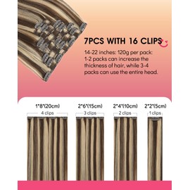 Youngsmile 16 Inch Clip in Hair Extensions Real Human Hair, Human Hair Extensions Clip in, Color 4 Chocolate Brown Highlighted mixed 27 Caramel Blonde 120 Gram 7Pcs(CLIP#4P27-16Inch)
