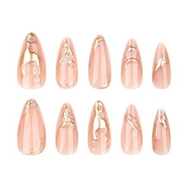 Gold Press on Nails Medium Almond Fake Nails Press ons with Designs 3D Lines False Nails Acrylic Nails Glossy Full Cover Glue on NailsCute Artificial Stick on Nails for Women Nails Decorations 24Pcs