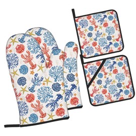 Nautical Coastal Oven Mitts and Pot Holders Set of 4 Starfish Seashell Coral Beach Themed Gloves Potholders Heat Resistant Hot Pads Reef Maritime Nautical Seaweed Mittens Pot Holder Kitchen Cooking