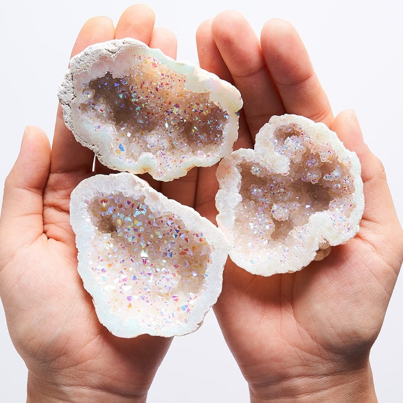 Yougoals Natural Geode Quartz Crystals,Rainbow Titanium Coated Quartz Specimen,White Geode