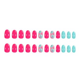 Flower Press on Nails Pink Fake Nails with Blue Design Floral Glue on Nails Glossy Artificial Acrylic Full Cover Stick on Nails Short Almond False Nails for Women Manicure 24Pcs