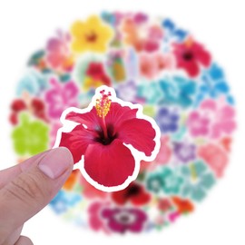 Cute Hibiscus Flower Aesthetic Stickers for Scrapbook, 60PCS Hibiscus Waterproof Stickers for Water Bottles Laptop Journal, Floral Decals for Girls Adults, Summer Hawaii Party Supplies