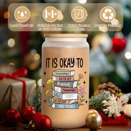 Coolife It's OK Positive Iced Coffee Glass Cup Tumbler w/Lid Straw, Mental Health Gifts, Emotional Support Inspirational Motivational Self Love, Book Affirmations for Psychologist Therapist Counselor