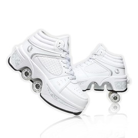 Roller Skate Shoes for Women Four Rounds Children's Roller Skates Shoes That Turn into Rollerskates Sneakers Outdoor Light Shoes with Wheels for Girls/Boys (White NO Light, US 9)