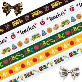 6 PCS Welcome Back to School Ribbons, 3/8" Width School Themed Grosgrain Ribbon ABC Apples Bus Craft Ribbons for Gift Wrapping DIY Teacher Appreciation Supplies