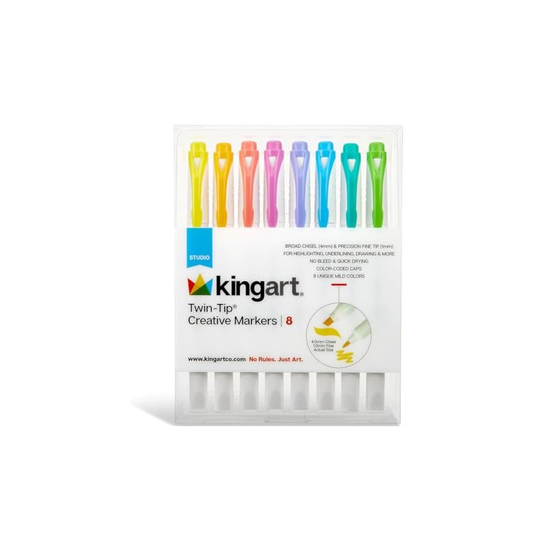 KINGART Studio Twin-Tip Highlighters, 8 Soft Pastel Colors. Double-Ended: Broad