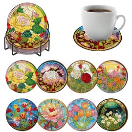 SENQAO 8 PCS Flower Diamond Painting Coasters Kit Flower Diamond Art Coasters Stained Glass DIY Diamond Coasters 5D Diamonds Drink Coaster with Cork Bases Holder for Adults Beginners Handicraft