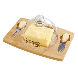 Butter Dish with Glass Lid, Bamboo Base, Round Clear Butter Dish with Handle, OKYUK Butter Keeper Saver with Cover for Table, Kitchen Countertop, Refrigerator, Dishwasher Safe (Wood, Double Knife)