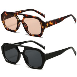 Breaksun Retro Aviator Sunglasses for Women Men Trendy 70s Hexagonal Square Double Bridge Vintage Sun Glasses, 2 Pack (Tortoise/Light Brown+black/Grey), MM