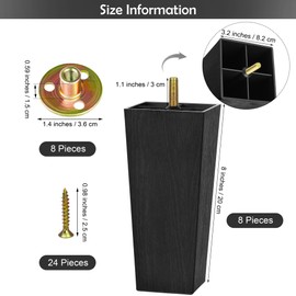 TURSTIN Furniture Legs Plastic Sofa Couch Legs Square Tapered Feet Sofa Legs with M8 T-Nuts Screws for Legs Sofas Chairs Cabinets Dressers Beds, Black (8, 8 Inches)