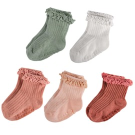 MKYSZLT 5 Pairs Baby Toddler Girls Socks Anti Slip Cotton Ruffle Socks with Grips Soft Fall Dress Socks for Preemie Newborn Infant (US, Age, 6 Months, 12 Months, red,pink,green,white,burgundy)