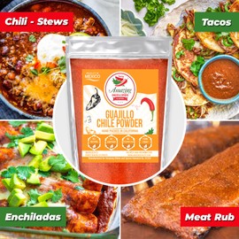 Guajillo Chile Powder Ground (8oz) – Natural and Premium. Great For Chili, Sauces, Stews, Salsa, Meat Rubs, Enchiladas, Mole and Tamales. Tangy Spicy-Sweet Flavor By Amazing Chiles and Spices