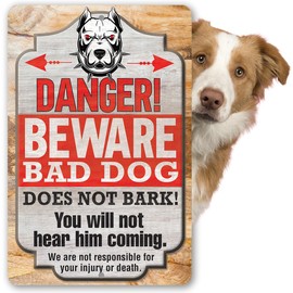 Metal Sign - Danger! Beware Bad Dog, Does Not Bark - Durable Metal Sign - Use Indoor/Outdoor - Great Entryway and Fence Warning Sign and Gift For Dog Owners (8" x 12", Beware Bad Dog)