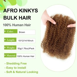 poetically Extensiones De Rastas Afro Kinkys De 12 Pulgadas, Cabello Humano A Granel, Rizado Y Trenzado, 50 G, Para Rastas Suaves, Color Marrón, Rizado Y Trenzado.