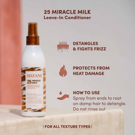 Mizani 25 Benefit Miracle Milk Leave-in Conditioner - Anti-Frizz Detangler Spray For Hair Shine, Heat Protectant, For Frizzy & Curly Hair, With Coconut Oil, 3.4 Fl Oz