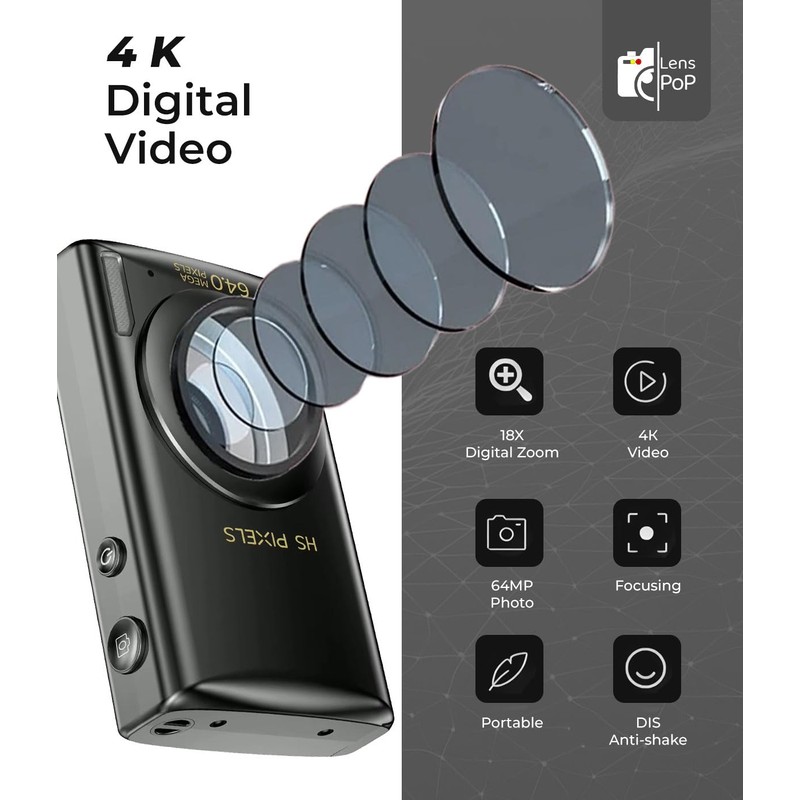 Lenspop 64 MP Digital Compact Camera with Flash, Digital Camera