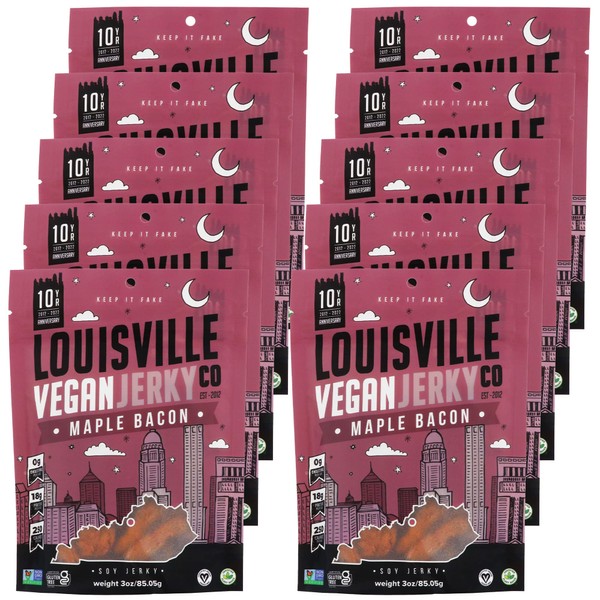 Louisville Vegan Jerky - Maple Bacon, Vegetarian and Vegan Friendly Jerky, 21 Grams of Non-GMO Soy Protein, Gluten-Free Ingredients (Pack of 10, 3 Ounces)
