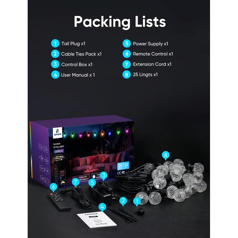 APPECK RGBW Outdoor String Lights 50ft for Patio, with 25
