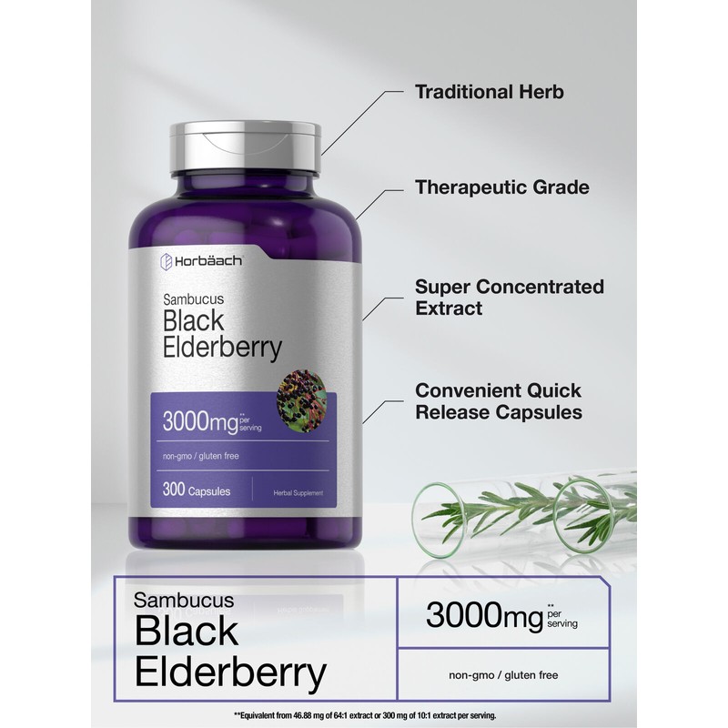 Horbäach Black Elderberry Capsules 3000mg | 300 Count | Sambucus