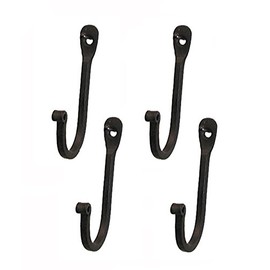 Early American Single Prong Wrought Iron Hooks, Set of 4 - Rustic Curved Metal Fasteners - Decorative Colonial Wall Décor