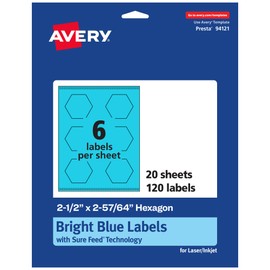 Avery Printable Hexagon Labels with Sure Feed Technology, 2-1/2" x 2-57/64", Bright Blue Labels, Print-to-The-Edge, Laser/Inkjet, 120 Total, Great for Cosmetic Labels and Jar Labels