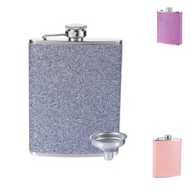 Women's Hip Flask Small with Glitter - Mini Portable Stainless Steel Hip Flask with Funnel for Hiking, Climbing, Fishing, Camping - 235 ml (8 oz) (Silver)