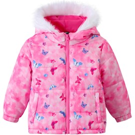 Girls' Winter Jacket Toddler Hooded Various Cute Prints Baby Girls' Outerwear Skiing Jackets Snow Suits (US, Age, 4 Years, Butterfly Pink)