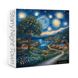 Art Starry Night Landscape Puzzles for Adults 1000 Pieces, Challenging Van Gogh Plant Tree Wildflower Jigsaw Puzzles, Aesthetic Painting Nature Floral Moon Town Village Puzzle